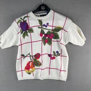 Herman Geist Hand Embroidered Fruit Theme White Women's L Short Sleeve Sweater